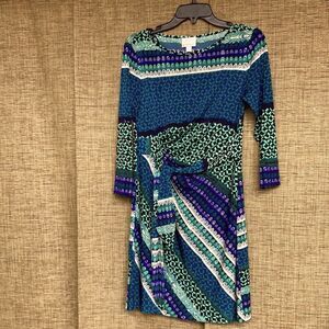 Donna Morgan geo print boatneck dress blue green colors